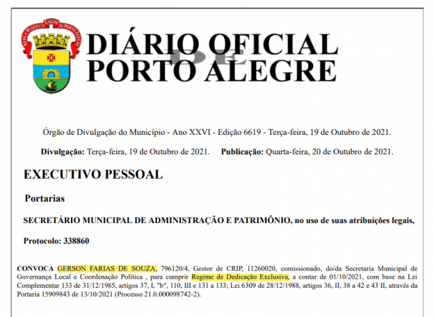 Publicação da nomeação de Farias no Diário Oficial de Porto Alegre, em outubro do ano passado