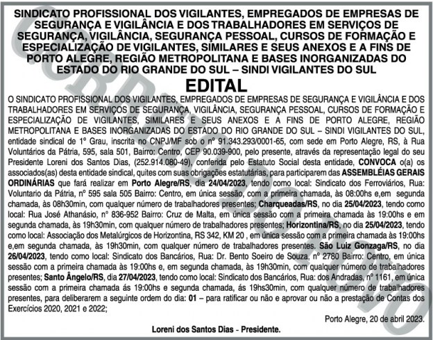 Edital foi  publicado dia 20, no jornal Correio do  Povo